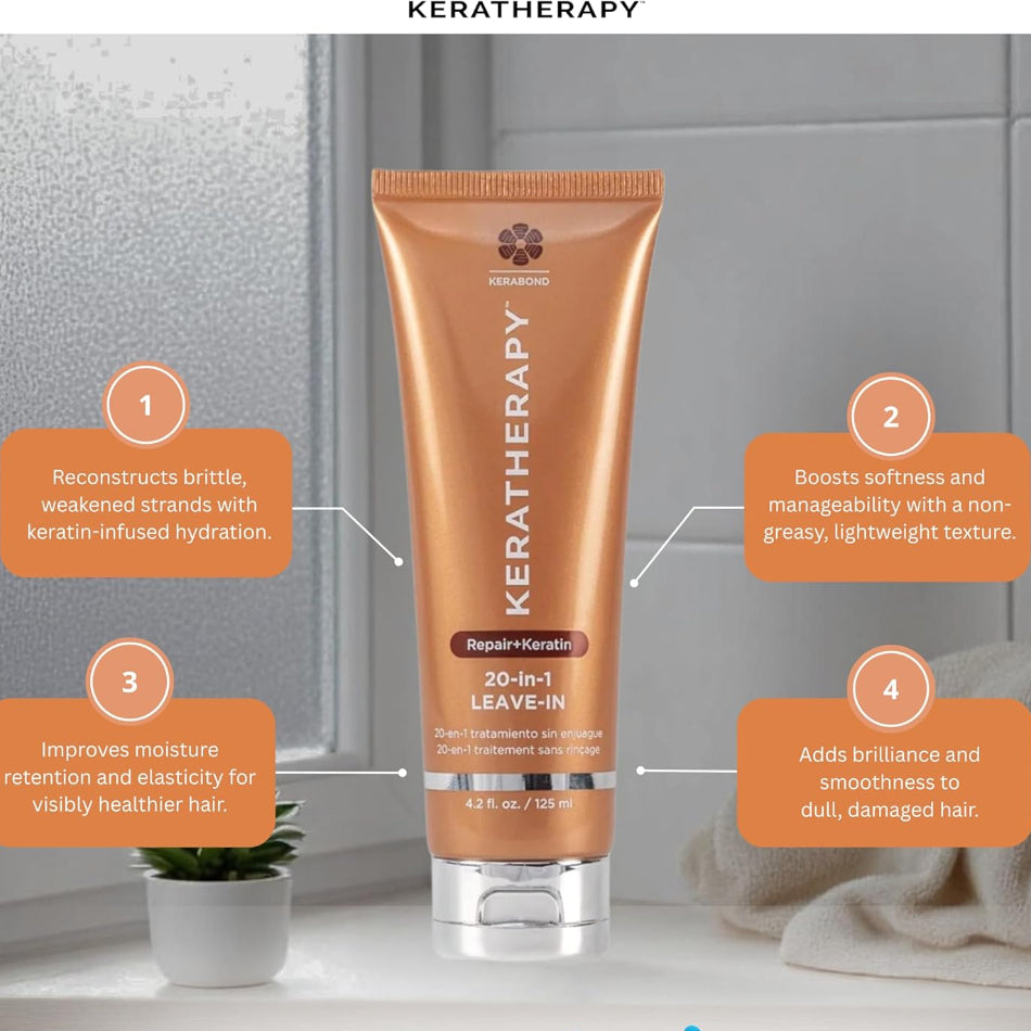 Keratherapy KeratinFixx 20-in-1 Leave-In Conditioning Treatment — a powerhouse formula that transforms your hair in a single step. Infused with keratin, caviar extract, and argan oil, this leave-in spray strengthens, nourishes, and protects every strand from roots to ends.