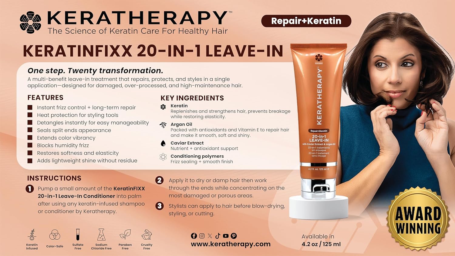 Keratherapy KeratinFixx 20-in-1 Leave-In Conditioning Treatment — a powerhouse formula that transforms your hair in a single step. Infused with keratin, caviar extract, and argan oil, this leave-in spray strengthens, nourishes, and protects every strand from roots to ends.
