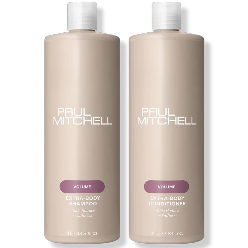 Discover the Paul Mitchell EXTRA-BODY Thickens and Volumizes Shampoo and Conditioner Duo, perfect for fine hair. This 1-liter set is designed to enhance volume while repairing damage.