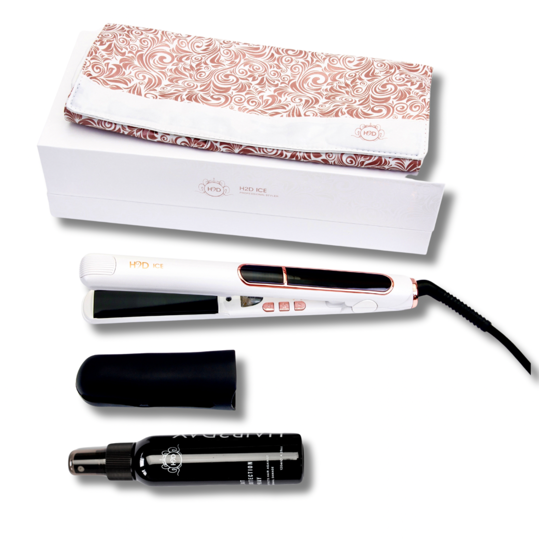 Hair straightener with attachments and packaging on a white background
