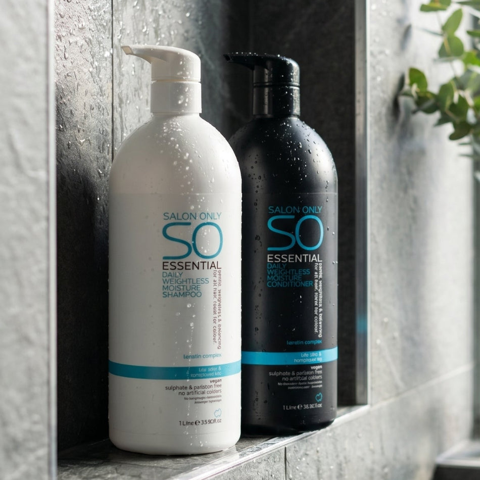 Salon Only SO Essential Duo.

This 1-litre shampoo and conditioner set is crafted for all hair types — delivering lightweight moisture, strength, and shine without weighing hair down.
