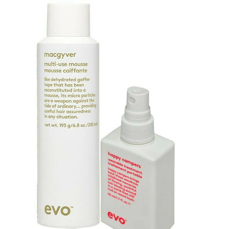 Evo Macgyver MultiUse Styling Mousse 193g, 50ml Happy Campers wearable Treatment - On Line Hair Depot