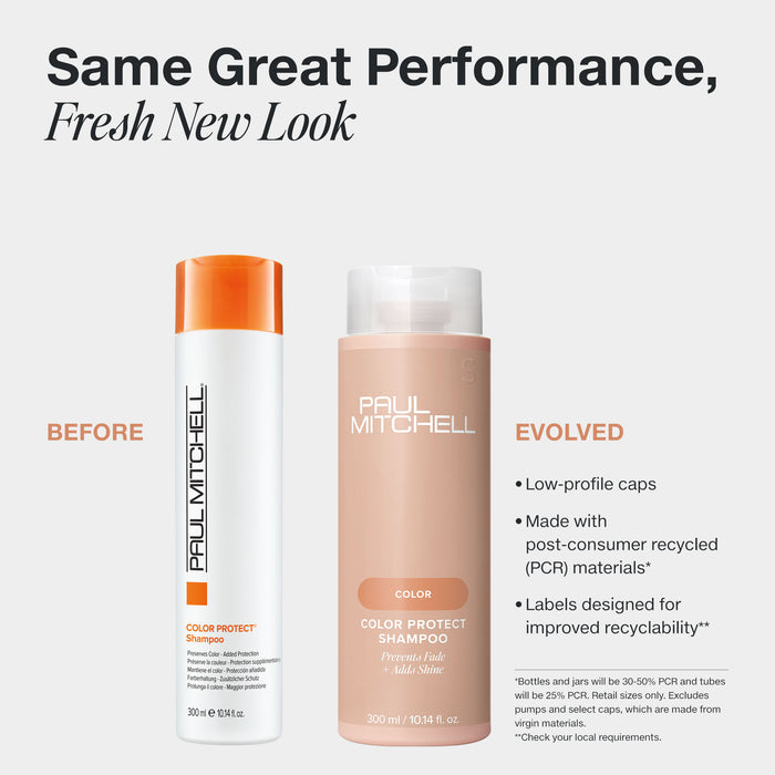 Preserve that gorgeous hair colour with Color Protect Shampoo from Paul Mitchell. Safe enough to use every day, this gentle cleanser protects colour-treated hair while hydrating, strengthening and boosting shine. Plant extracts help shield harmful UVA and UVB rays while special conditioners keep every strand moisturised.&nbsp;