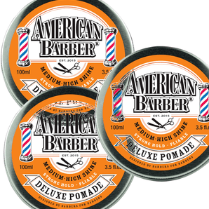 American Barber Deluxe Pomade 100ml trio Pack Mens Styling High Shine (3x100ml) - On Line Hair Depot